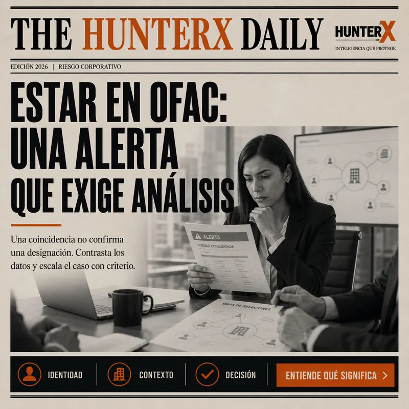 Analista de cumplimiento revisando una alerta de posible coincidencia en la lista OFAC